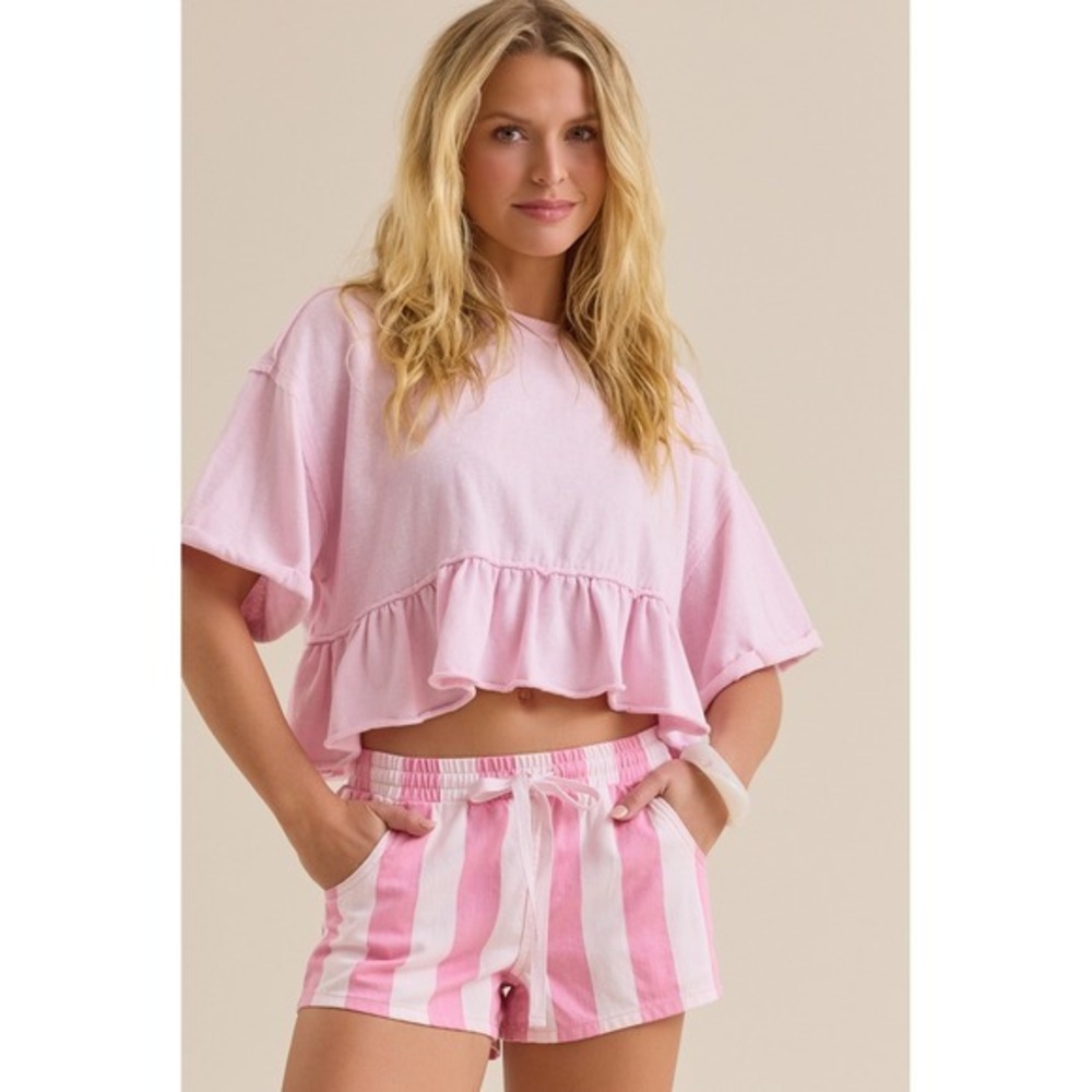 Altar'd State Pink Ivory Striped Drawstring Shorts Size Medium NWT